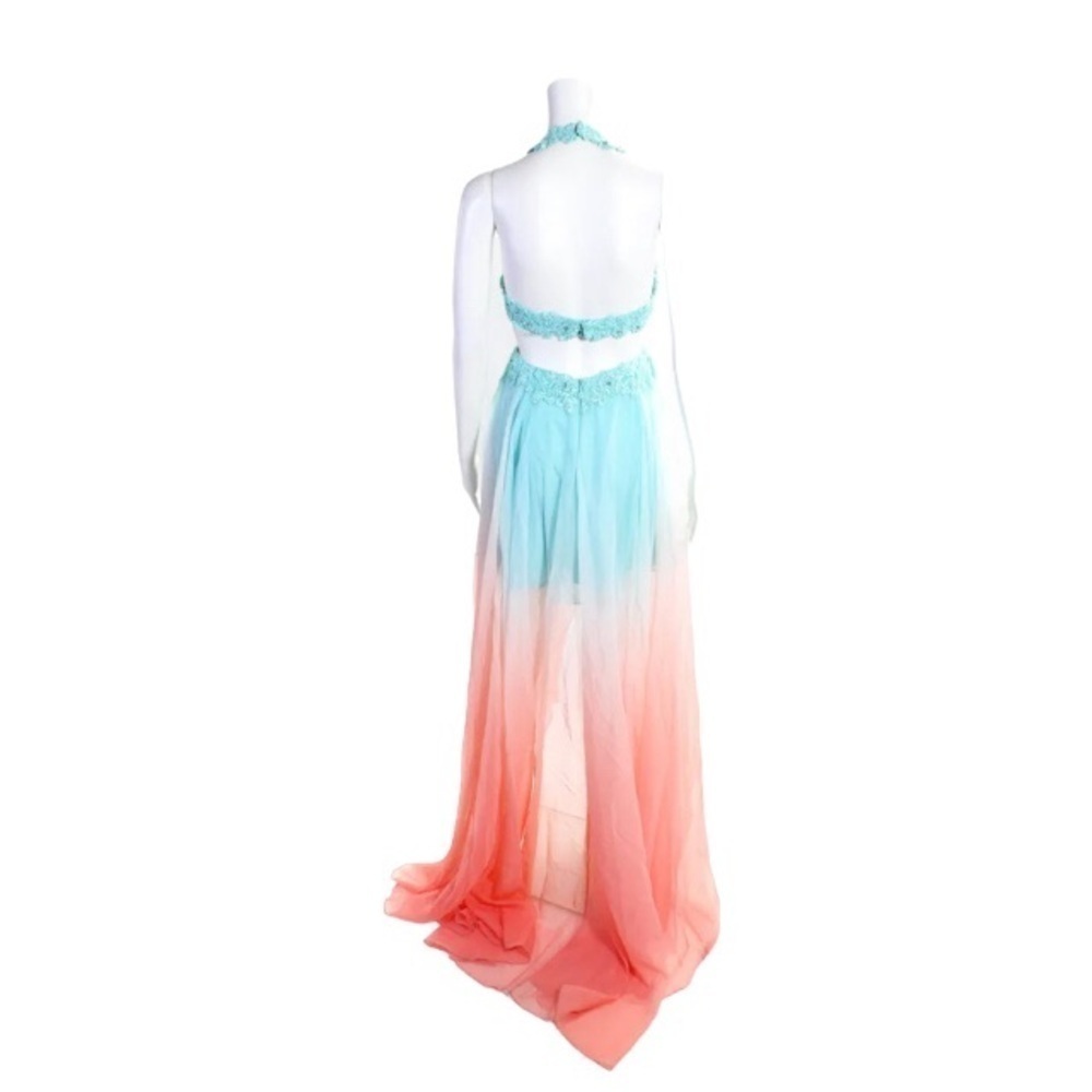 NWT Sherri Hill Dress Size 0 Pastel Blue Coral Orange Ombre Hi Low Cutout Gown - Picture 3 of 10